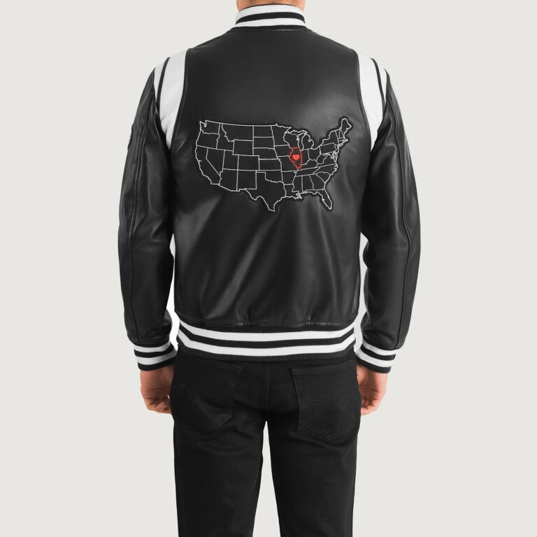Mens Liberte Illinois Black Leather Varsity Jacket Tilted Back-8-1704192473355